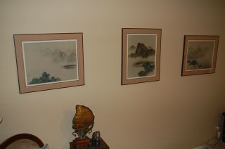 DAVID LEE Triptych 1978 MOUNTAINS 3 FRAME PRINTS 26 x 22 double Mat Asian Teal 2