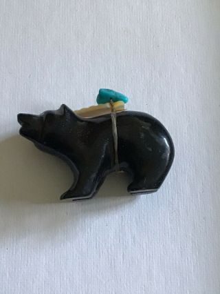 Zuni Fetish Hand Carved Jet Bear By Herbert Halate Native American W Turquoise