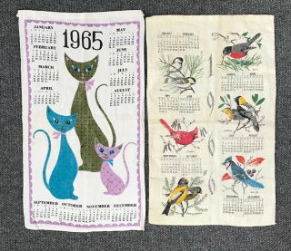 Vintage Cotton Linen Calendar Dish Towels,  1965 Mcm Cats,   1966 Birds