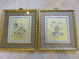 (2) Vintage Chinese Silk Hand Embroidered Scenic Pictures Gold Frames