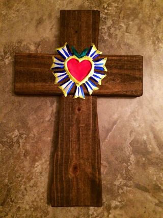 Wall Cross Reclaimed Wood Mexican Milagros Tin Sacred Heart Repousse Folk Art