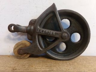 Vintage Cast Iron J.  A.  Cross Fultonville Ny Barn Pulley W/wooden Pulley