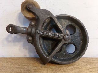 Vintage cast Iron J.  A.  Cross Fultonville NY Barn Pulley W/Wooden Pulley 2