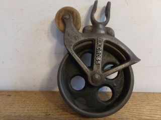 Vintage cast Iron J.  A.  Cross Fultonville NY Barn Pulley W/Wooden Pulley 3
