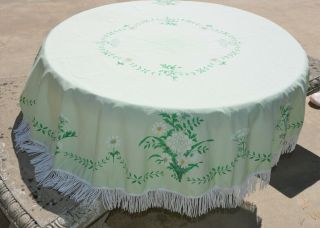 1960s 70s Round Vtg Avocado Green Floral Tablecloth With Fringe Trim 60 "
