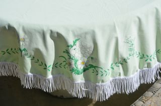 1960s 70s Round Vtg Avocado Green Floral Tablecloth With Fringe Trim 60 