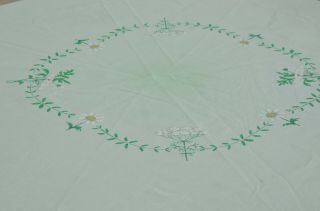 1960s 70s Round Vtg Avocado Green Floral Tablecloth With Fringe Trim 60 