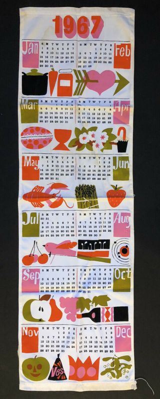 Vintage 1967 Fabric Calendar Colorful Print Mid Century Design