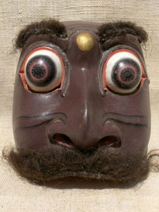 Carved Wood Half Mask From Bali In Indonesia,  W/ Human Hair Eye Brows & Mustache