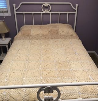 Vintage Crochet Coverlet Bedspread Tablecloth Cotton Squares Lace 84 " X 108 "