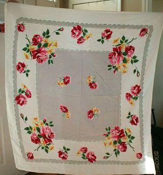 Vintage 1950s Tablecloth Red Pink Floral Roses Printed Kitchen Gray 47 " X 52 "