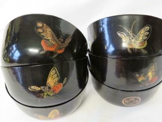 6 Antique Chinese Black Finest Lacquer Bowls Hand Painted Butterflies Gold Coins