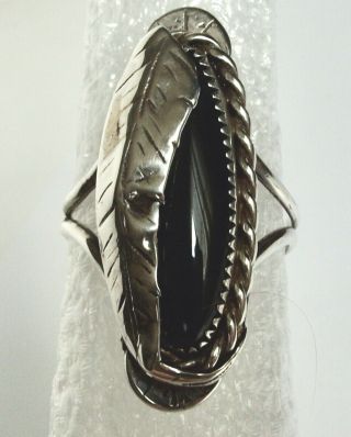 Large Vintage Navajo Stamped Sterling Silver Leaf Long Black Onyx Ring Size 14