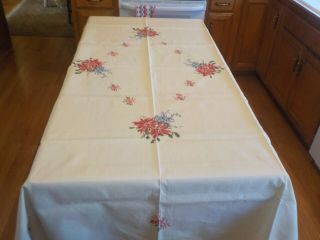Vintage Linen Cross Stitch Floral Detailed Tablecloth Appx 50 X 72,  6 Napkins