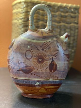 Old Tonala Clay Mexican Pottery Double Spout Water Jug Brown Mexico Vintage