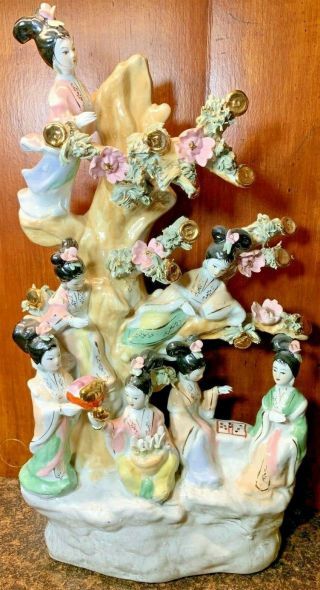 Chinese Hand - Painted Porcelain Figurine Of Women In A Flowering Tree