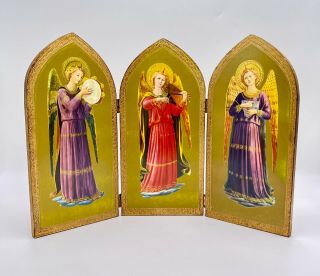 Vtg Folding Wooden Triptych Art - Fra Angelico 3 Angels Music - Italy 18 " X 12 "