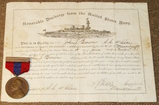 Named Span American War Sampson Medal From The Uss Montgomery And Navy Discharge