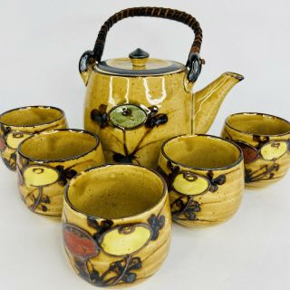 Vtg Otagiri Japan Hand Crafted Painted Pottery Tea Set Teapot And 5 Cups Flowers