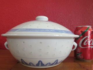 Blue&white Rice Pattern Soup Tureen Porcelain Covered Bowl 10 " W X 6 " H