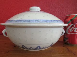 Blue&White Rice Pattern Soup Tureen Porcelain Covered Bowl 10 