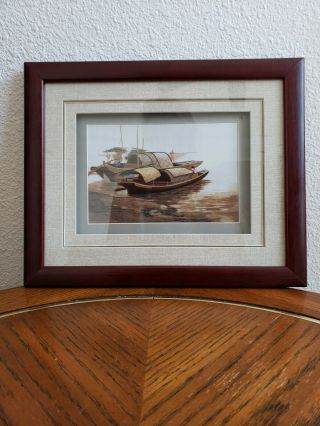 Asian Sailes Pattern Embroidered Silk Framed Picture