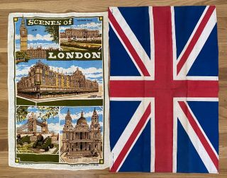 2 Vintage London Scenes " For Harrods " & Union Jack Linen Kitchen Tea Towel