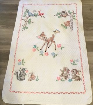 Vintage Hand Made Crib Quilt,  Cross Stitch Embroidery,  Walt Disney,  Bambi,  Birds