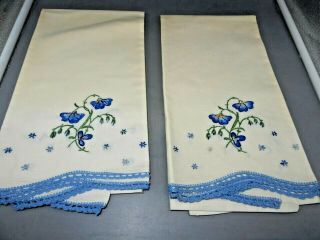 Vintage Pillowcases Hand Embroidered Blue Floral With Lace Edge
