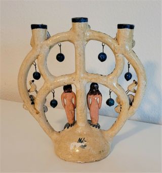 Vintage Mexico Pottery Folk Art Tree of Life Adam Eve Candelabra Candle Holder 2
