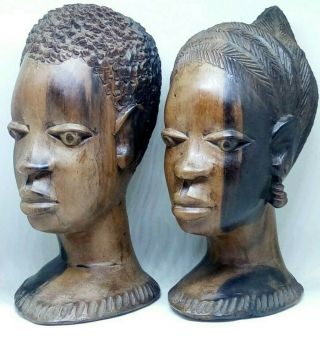 2 African Style Wooden Carved Head Bust 7 " Tall Unbranded