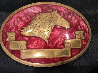 Johnson & Held Ltd Handcrafted Horse Head Brass & Red Enamel Inlaid Belt Buckle