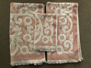 Vtg 60’s?mid Century Fieldcrest Pink White Floral Swirl 3 Pc Bath Hand Towel Set