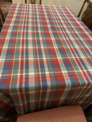Vintage Blue Red & White Plaid Cotton Tablecloth 113 " X 57 "
