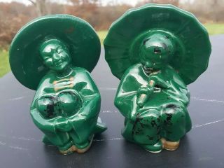 Vintage Japanese? Oriental Green Ceramic Kneeling Figures With Hat Figurines 5 "
