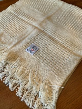 Vintage Faribo 100 Wool Blanket 48 X 50 Fringed Lap Throw Cream Woven Squares