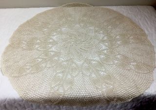 Vintage Round Tablecloth,  Hand Crocheted,  Pineapple & Flower Design,  Beige