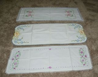 Three Vintage Hand Embroidered Dresser Scarfs Or Table Runner