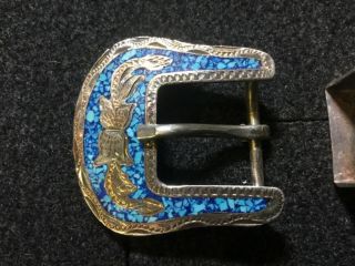 3 - Pc GMIO Mexico Turquoise Silver Inlay Belt Buckle Loop,  Tip 0.  75 