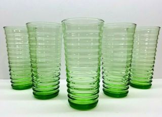 Vintage Set Of 5 Anchor Hocking Green Ribbed Glass 16 Oz Tumblers 6.  5 " Tall