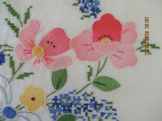 Vintage Cross Stitch And Applique Tablecloth 51 " Sq Cotton