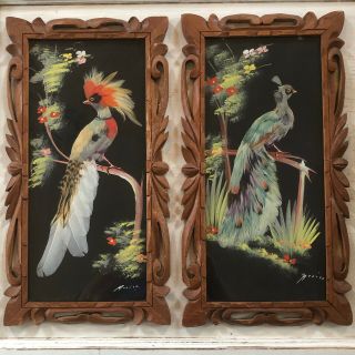 Pair Vintage Mexican Folk Art Feathercraft Feather Birds Carved Wood Frames