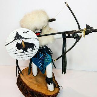 Vintage Hand Crafted 12 " Tall Buffalo Warrior Kachina Doll W/ Shield Bow Arrow