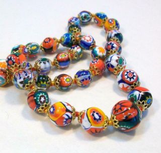 Vintage Murano Millefiori Art Glass Floral Flower Bead Italy Necklace