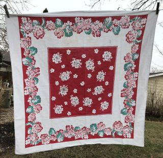 Vtg Cotton Tablecloth Turquoise Red Pink Floral Cottage 44x44 " Pretty