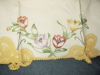 Vintage Pair Pillowcases Embroidered Tulip Flowers Crocheted Yellow Butterflies