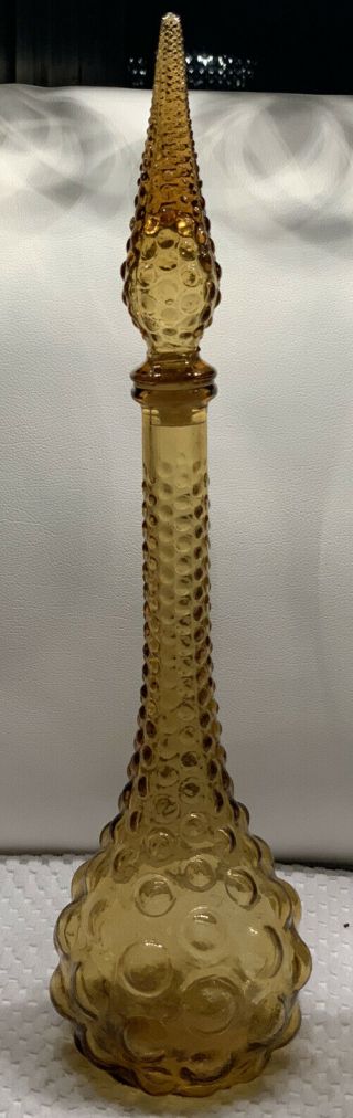 Vtg Tall Amber Decanter Italian Bubble Hobnail Art Glass 20” Genie Bottle Italy