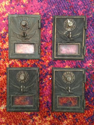 Four Vintage Us Post Office Mailbox Brass Doors With Combo Locks & Glass