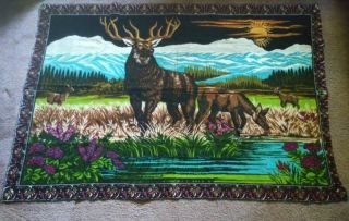 Vintage Velvet Tapestry Rug Wall Hanging Elk Deer Wildlife Mountain 51 " X 36 "