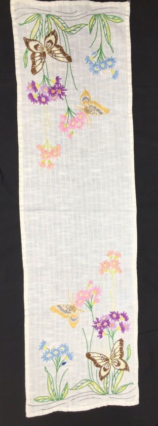 Vintage Linen Dresser Scarf Table Runner Hand Embroidered Butterflies 36”x10”
